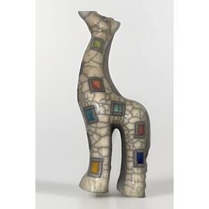 Vintage South Africa Black Giraffe Raku Pottery Mosaic Statue Signed 8 Inches